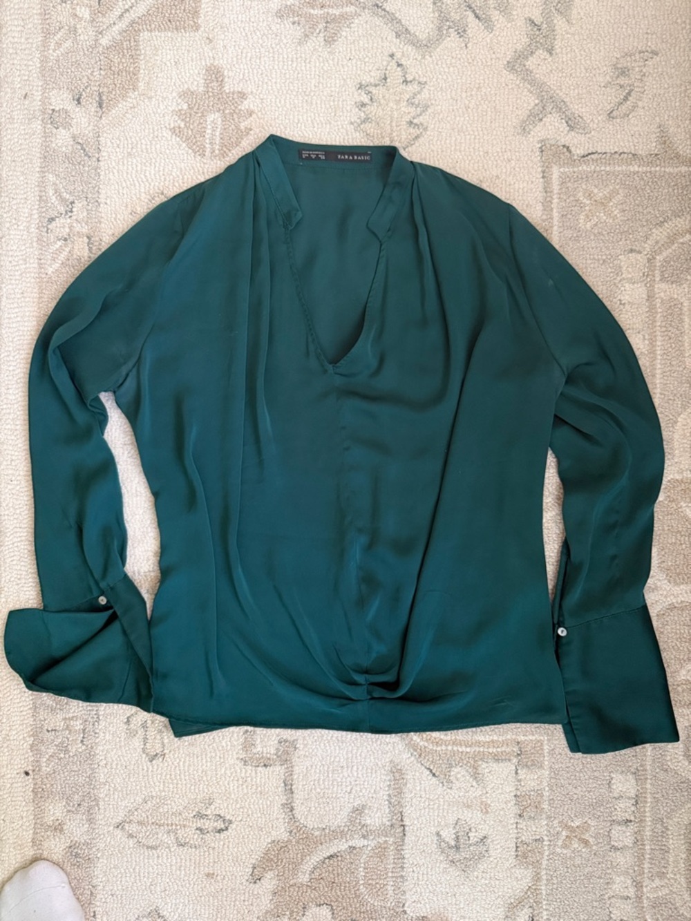 Zara Teal Green Long-Sleeve V-Neck Blouse